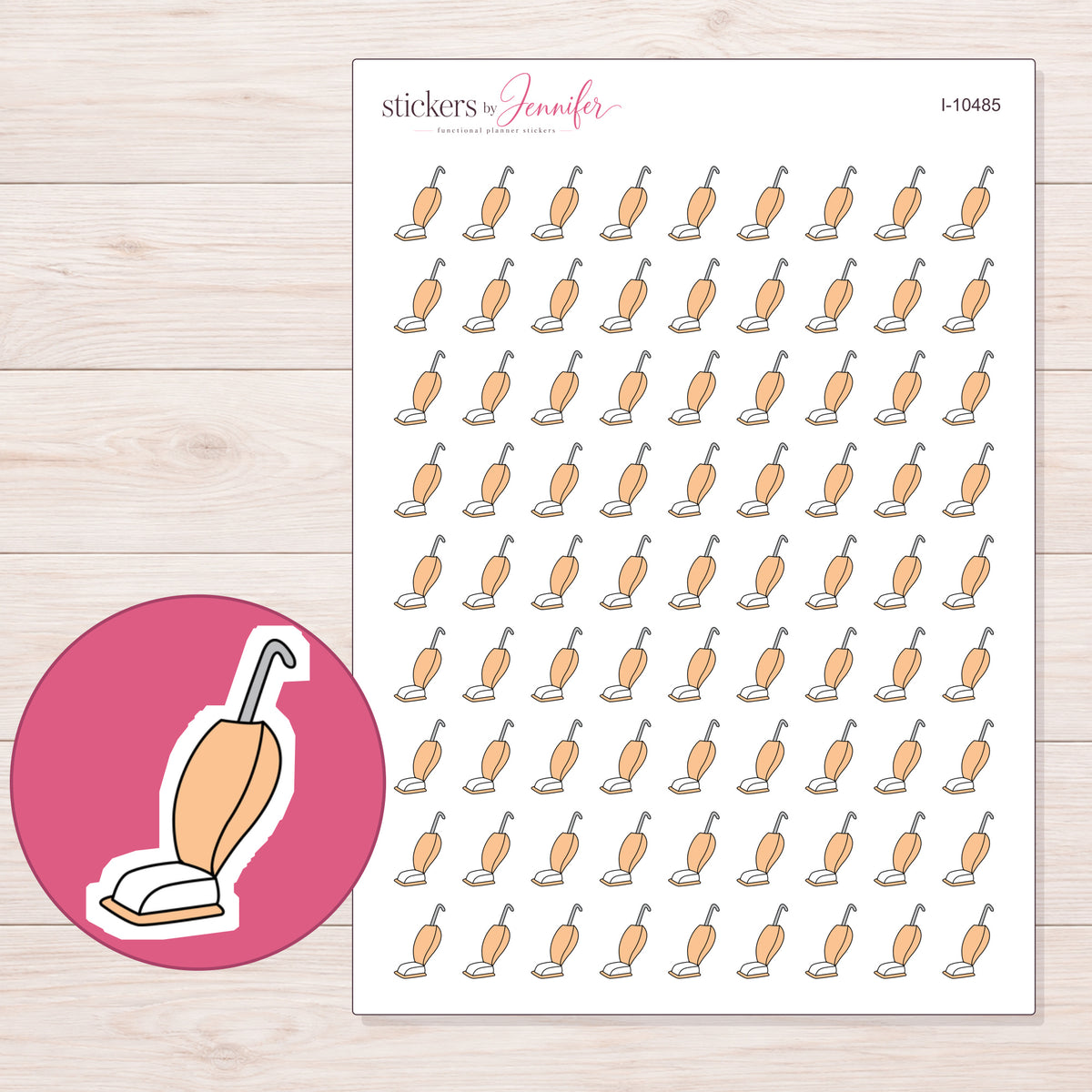 Peach Upright Vacuum Planner Stickers | I-10485 — 5 × 7 inch sheet and enlarged sticker detail