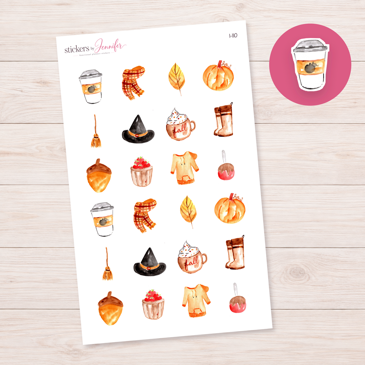 Watercolor Pumpkin Coffee Cup Planner Stickers | I-110
