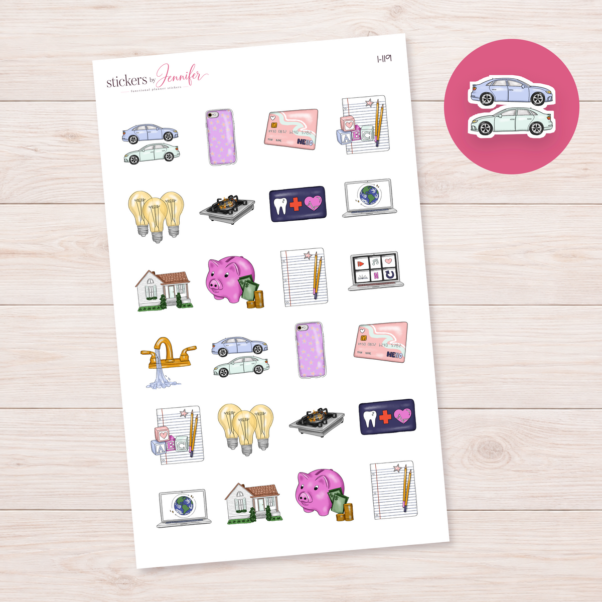 Pastel Cars Planner Stickers | I-119
