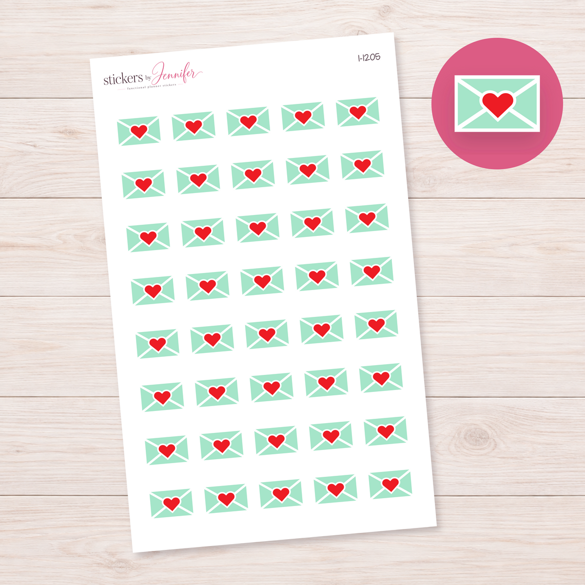 Mint Heart-Sealed Envelope Planner Stickers | I-1205