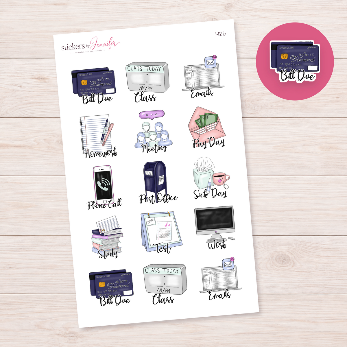 Purple Cards Bill Due Script Planner Stickers | I-126