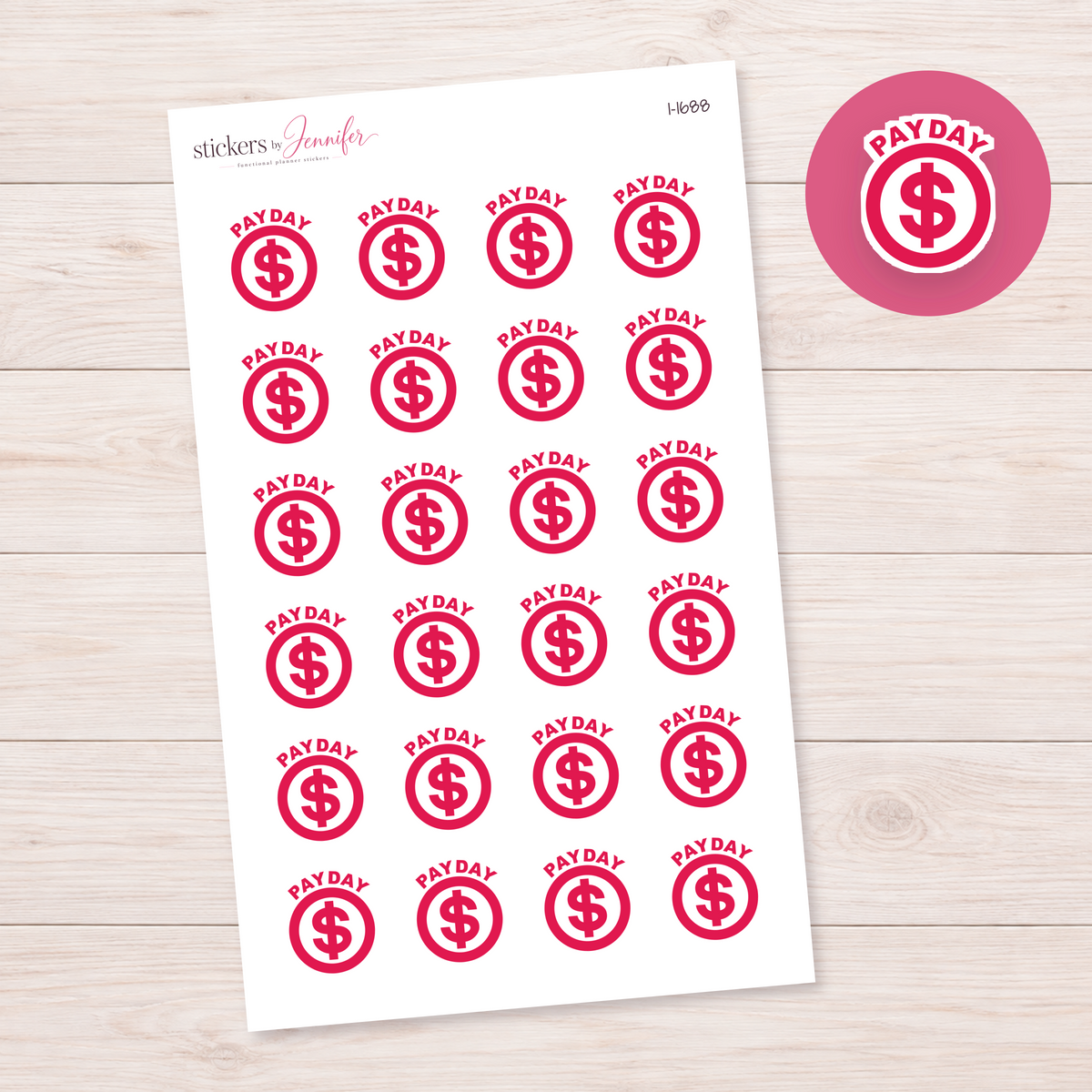 Hot Pink Payday Dollar Circle Planner Stickers | I-1688