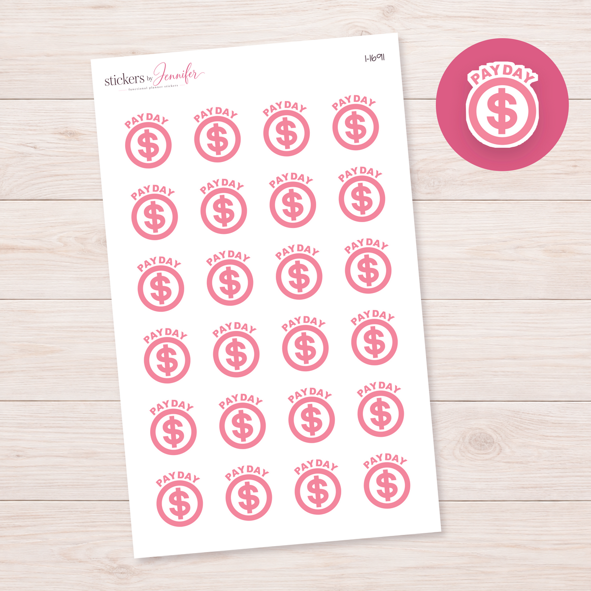 Coral Pink Payday Dollar Circle Planner Stickers | I-1691