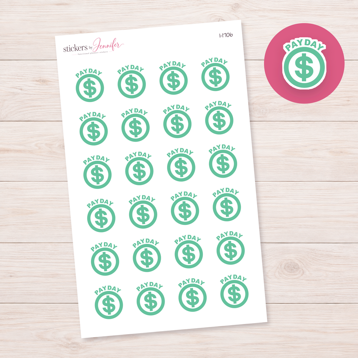 Mint Payday Dollar Circle Planner Stickers | I-1706