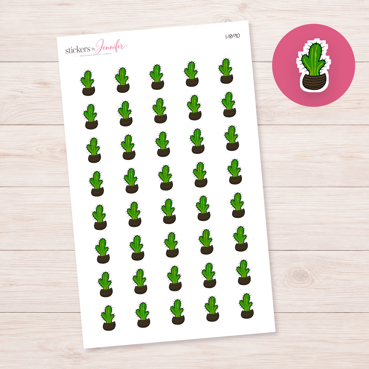 Tall Green Potted Cactus Planner Stickers | I-1890