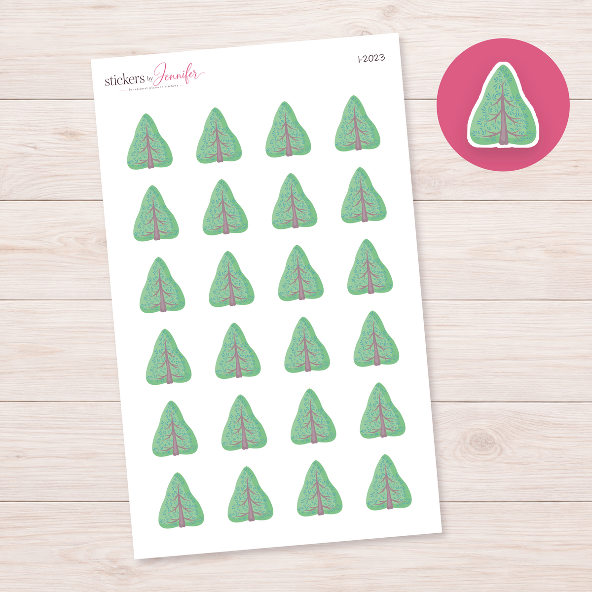 Rounded Green Pine Tree Planner Stickers | I-2023