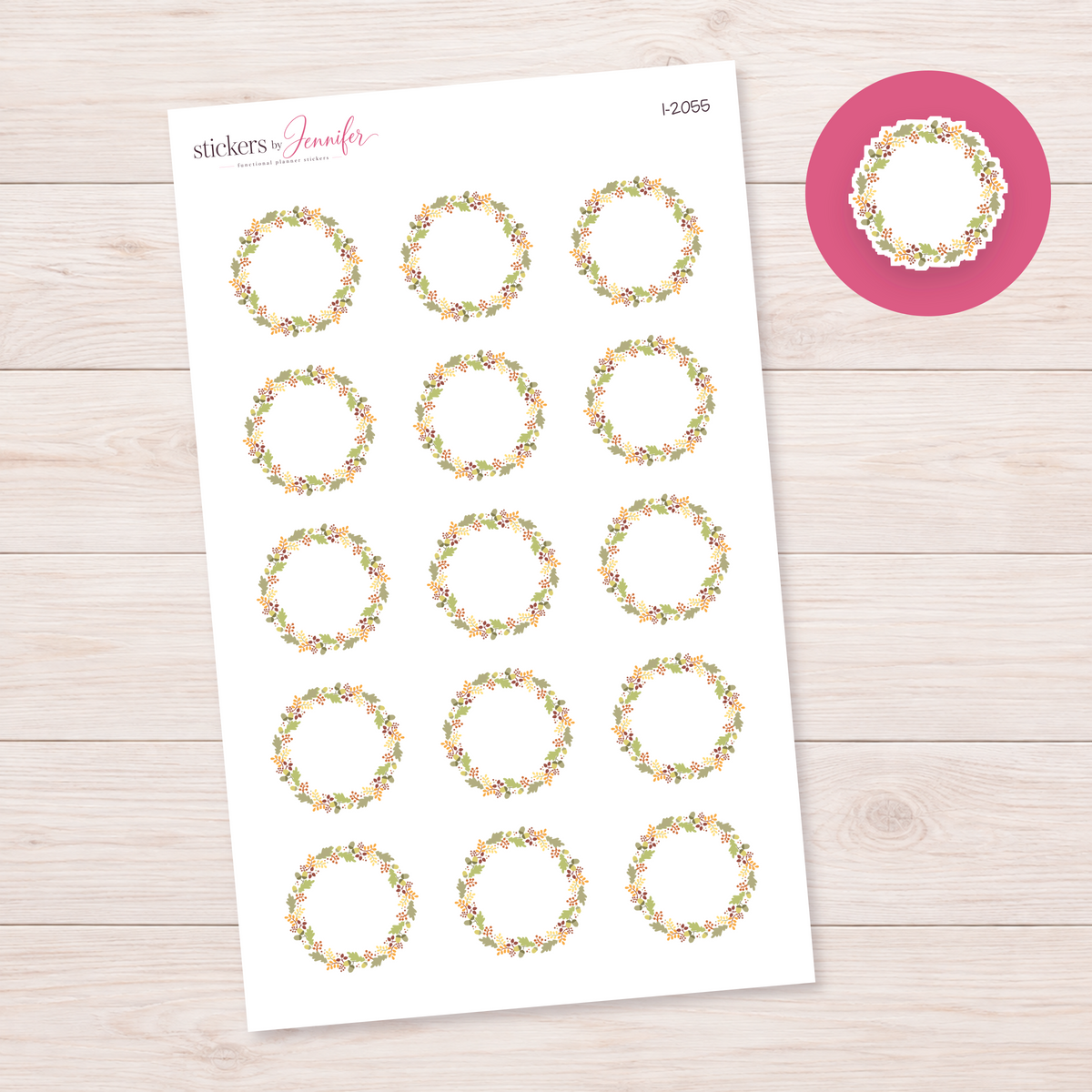 Soft Woodland Leaf Wreath Planner Stickers | I-2055