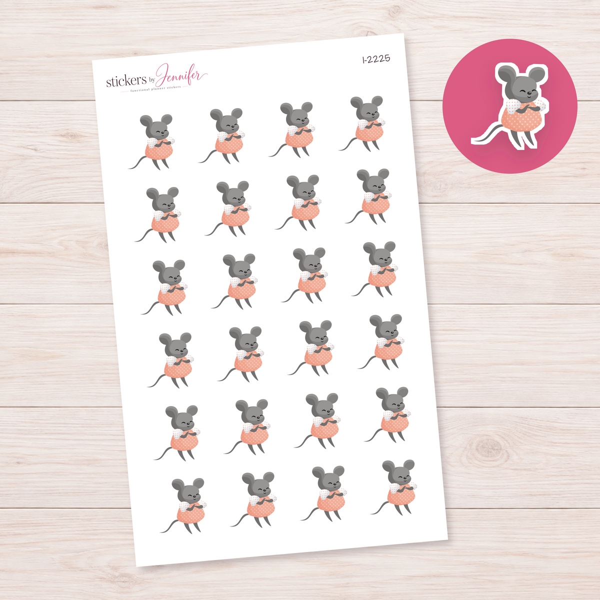 Gray Mouse in a Peach Dress Planner Stickers | I-2225