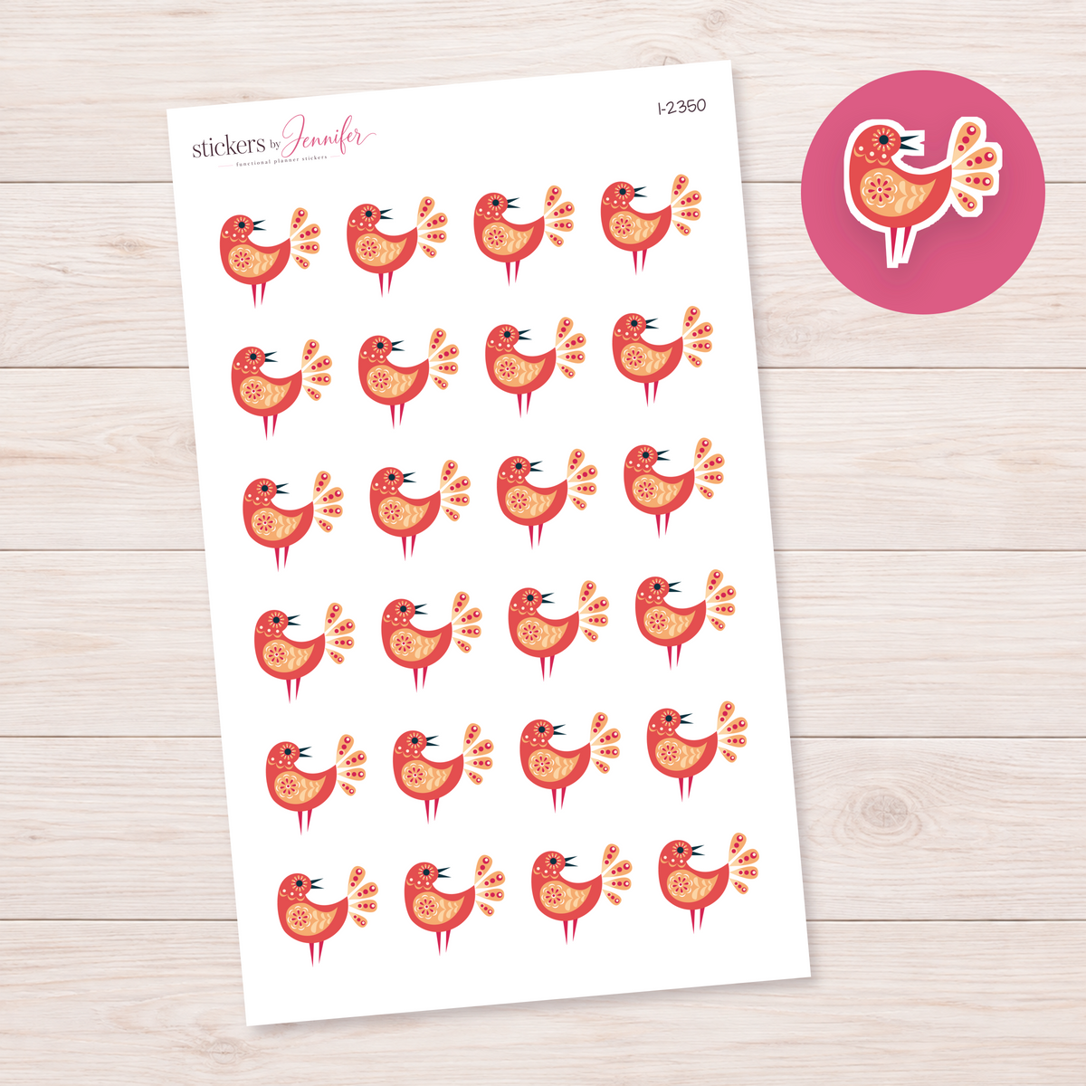 Red Folk Art Bird Planner Stickers | I-2350