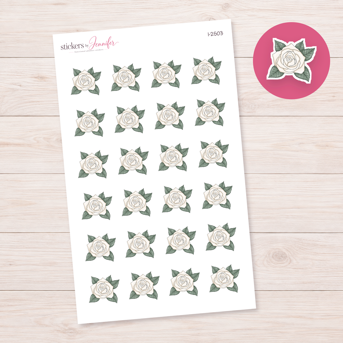 White Rose with Leaves Planner Stickers | I-2503