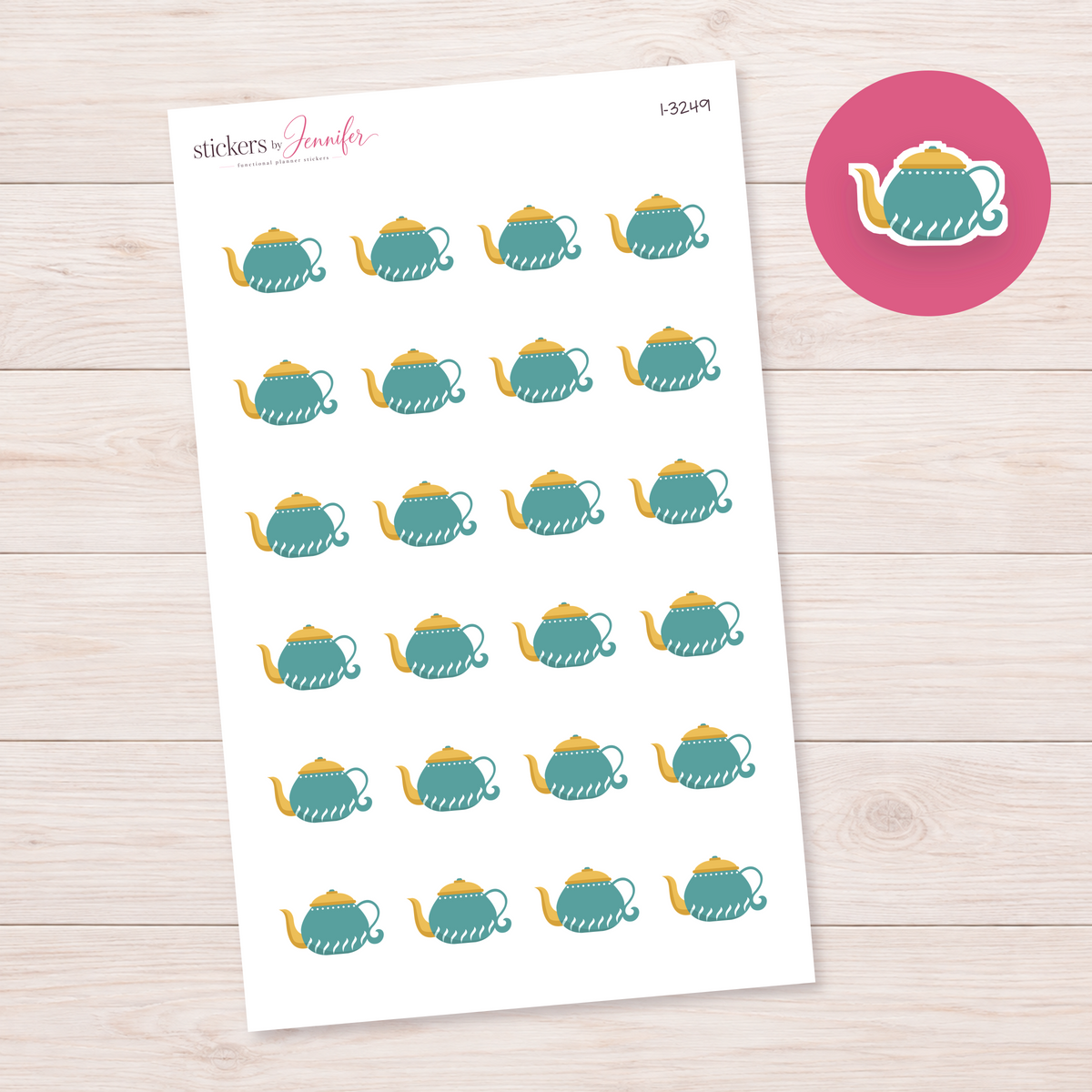 Teal and Gold Teapot Planner Stickers | I-3249