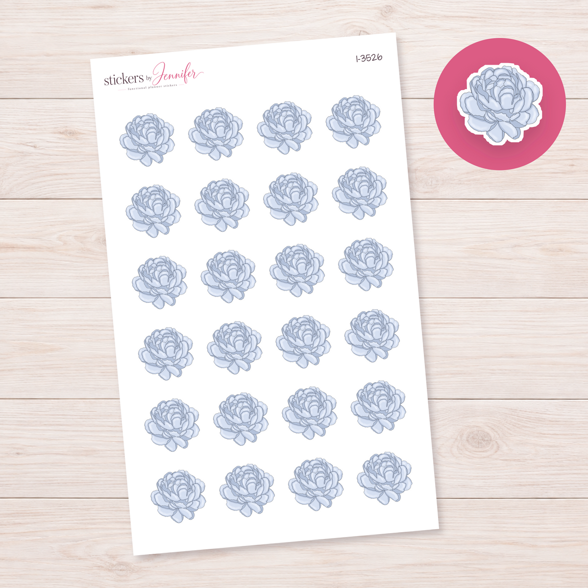 Pale Blue Peony Bloom Planner Stickers | I-3526