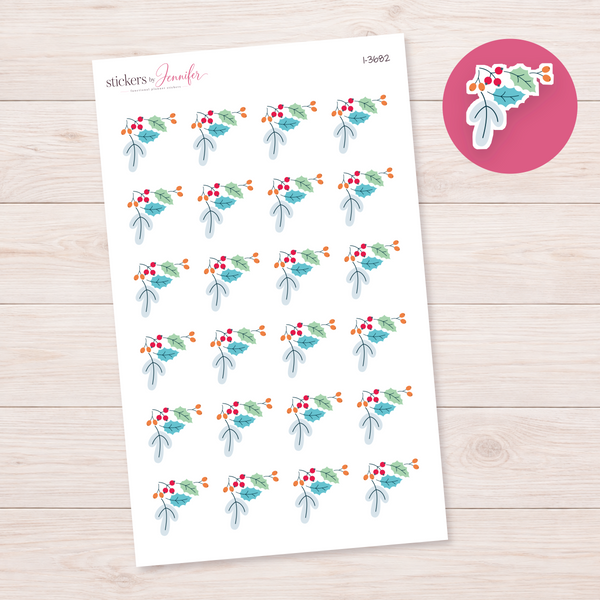Pastel Holly and Berry Sprig Planner Stickers | I-3682