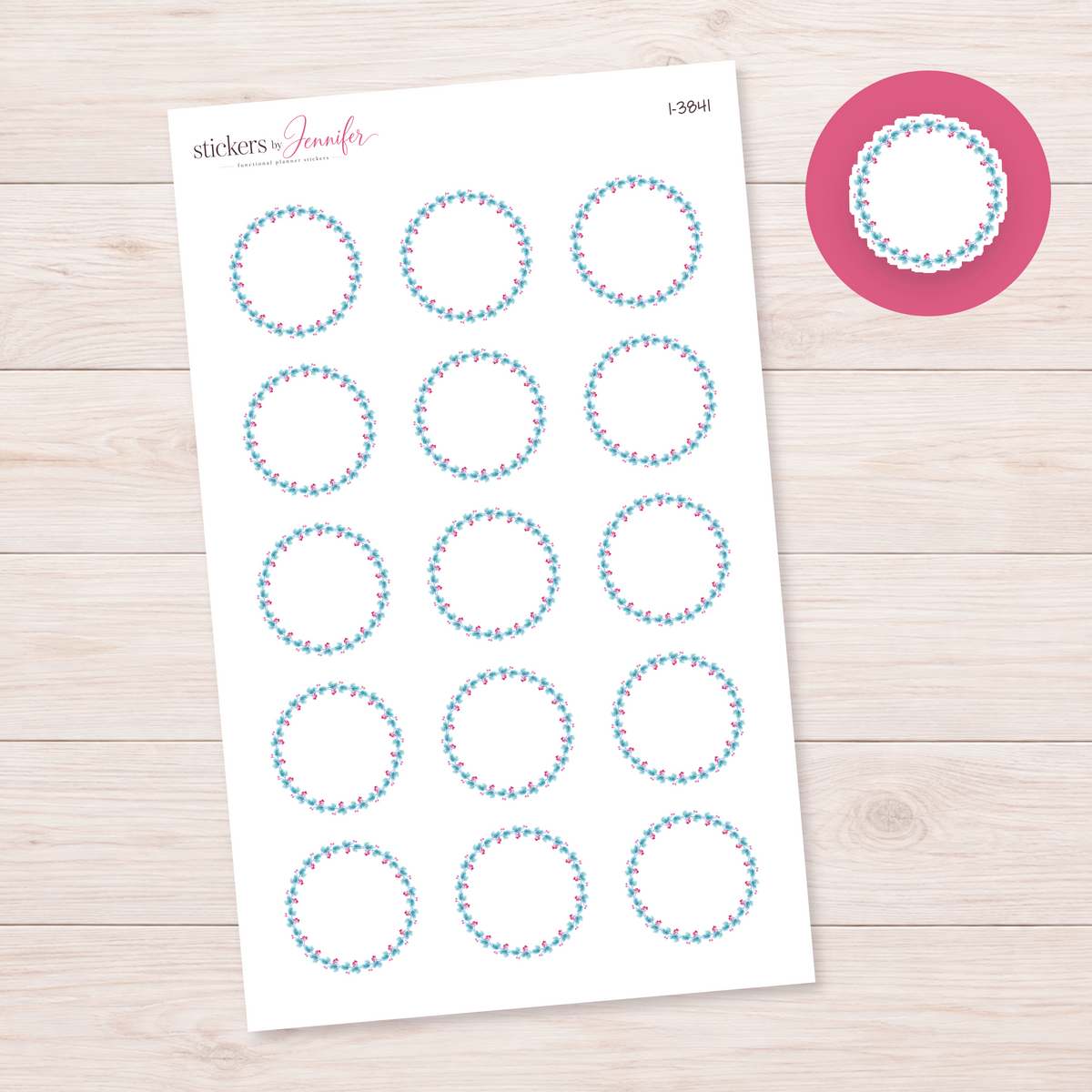 Aqua Leaf and Pink Berry Wreath Planner Stickers | I-3841