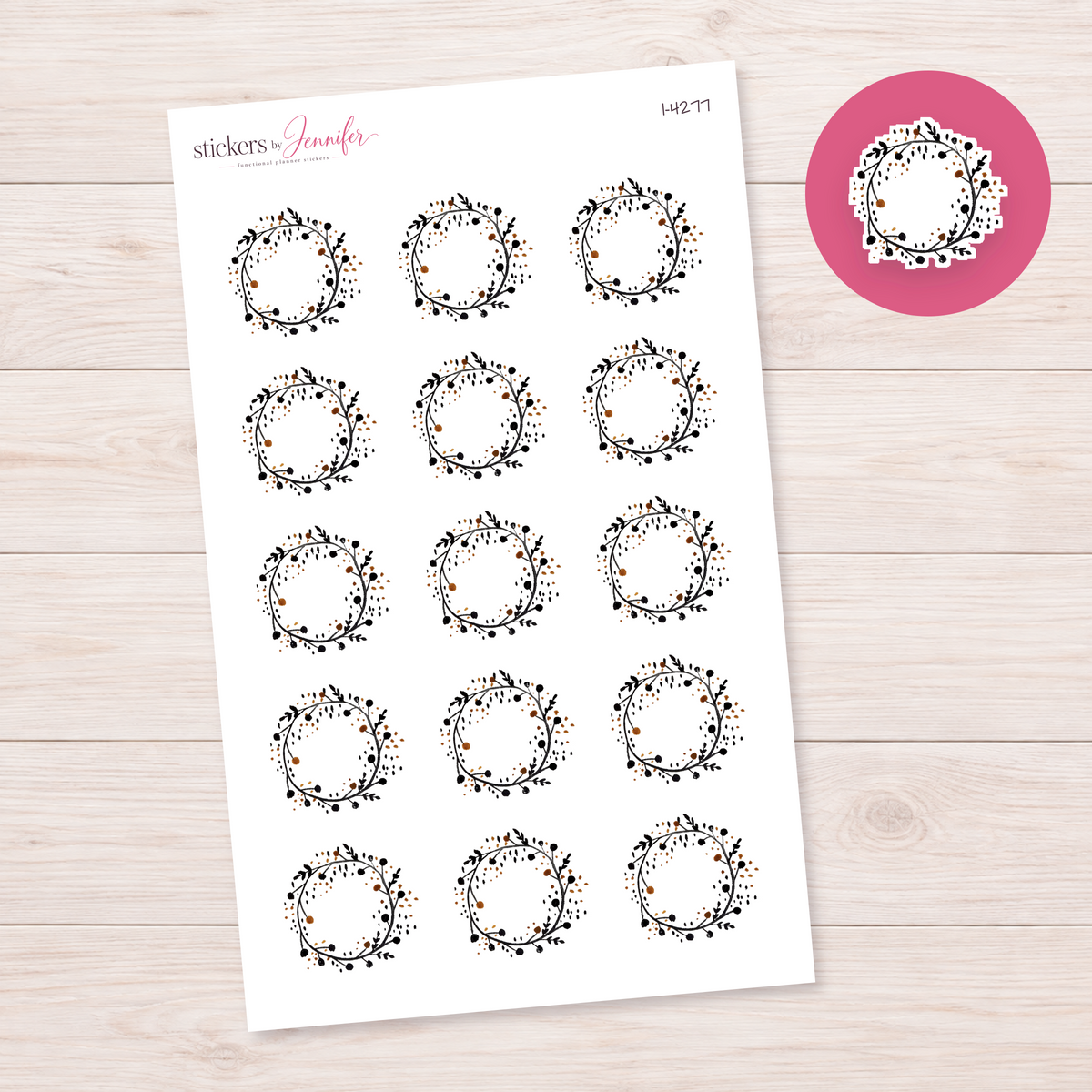 Black and Gold Berry Wreath Planner Stickers | I-4277