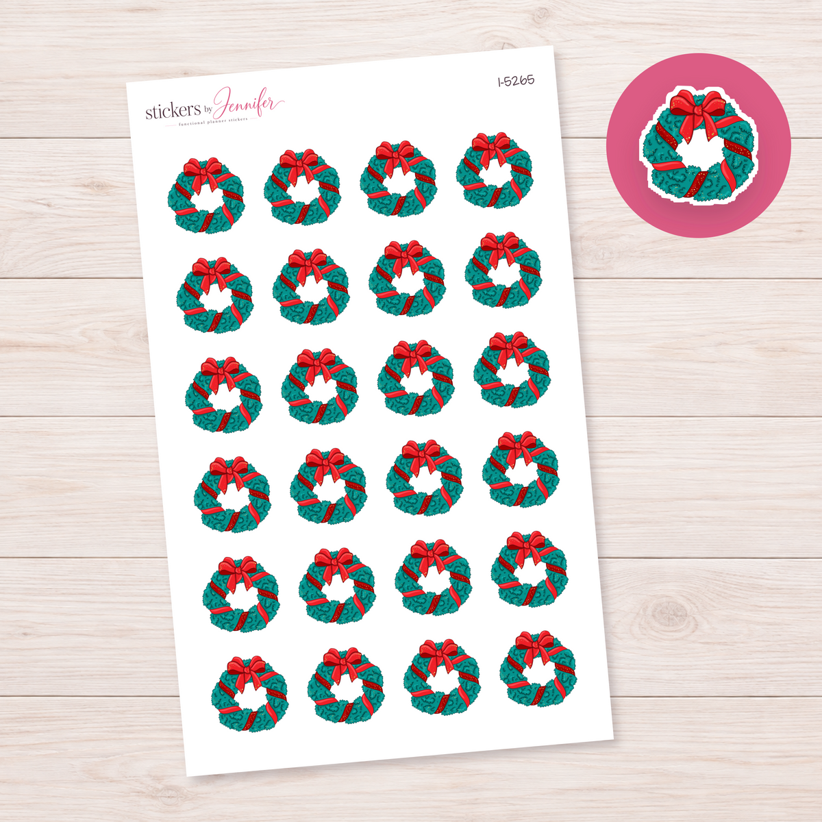 Green Wreath with Red Ribbon Planner Stickers | I-5265
