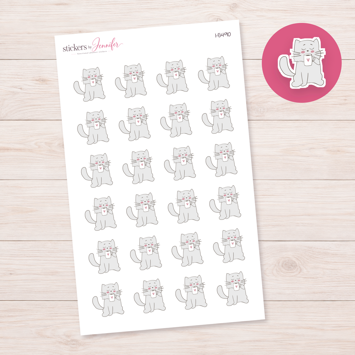 Cat Holding a Heart Mug Planner Stickers | I-5490