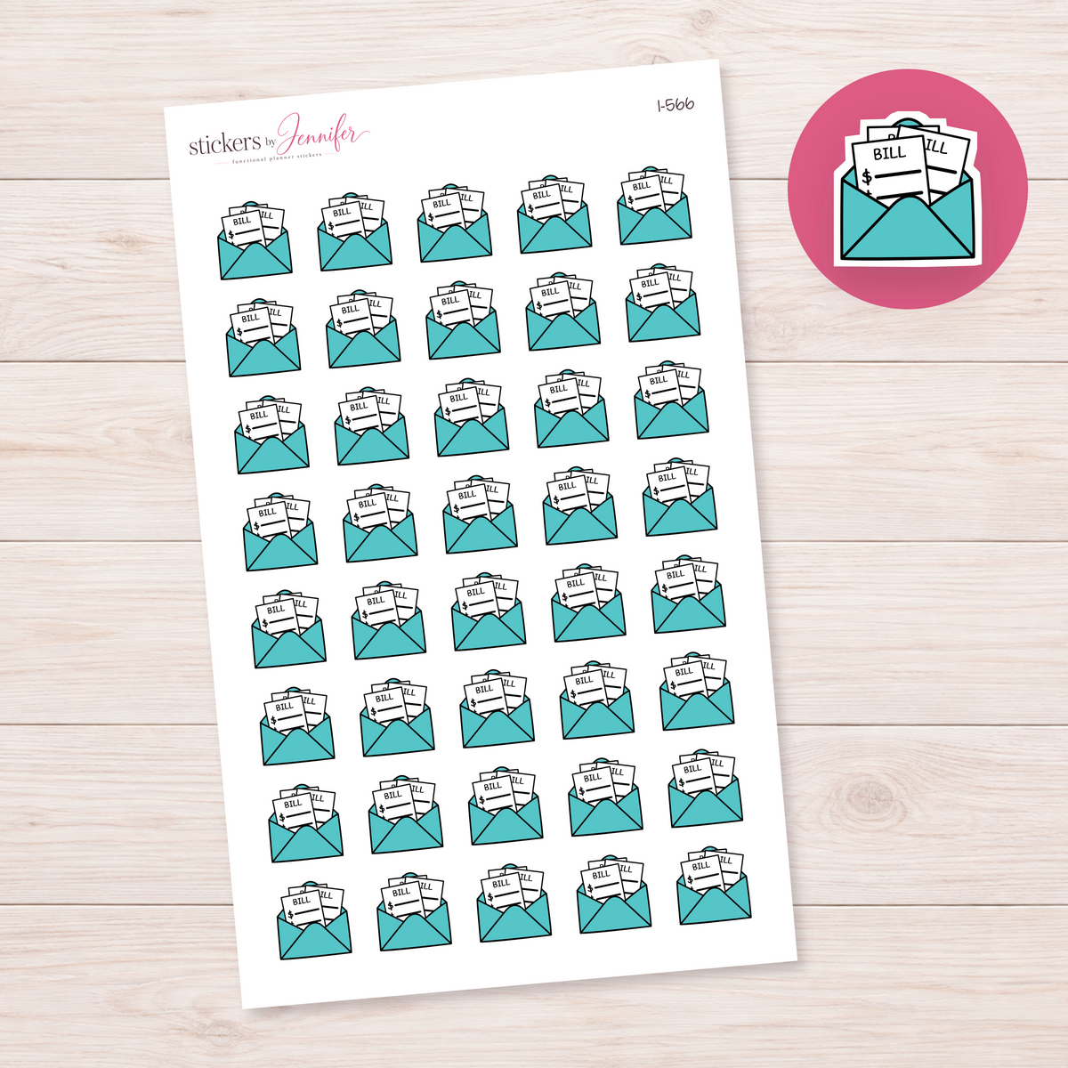 Teal Bill Envelope Planner Stickers | I-566