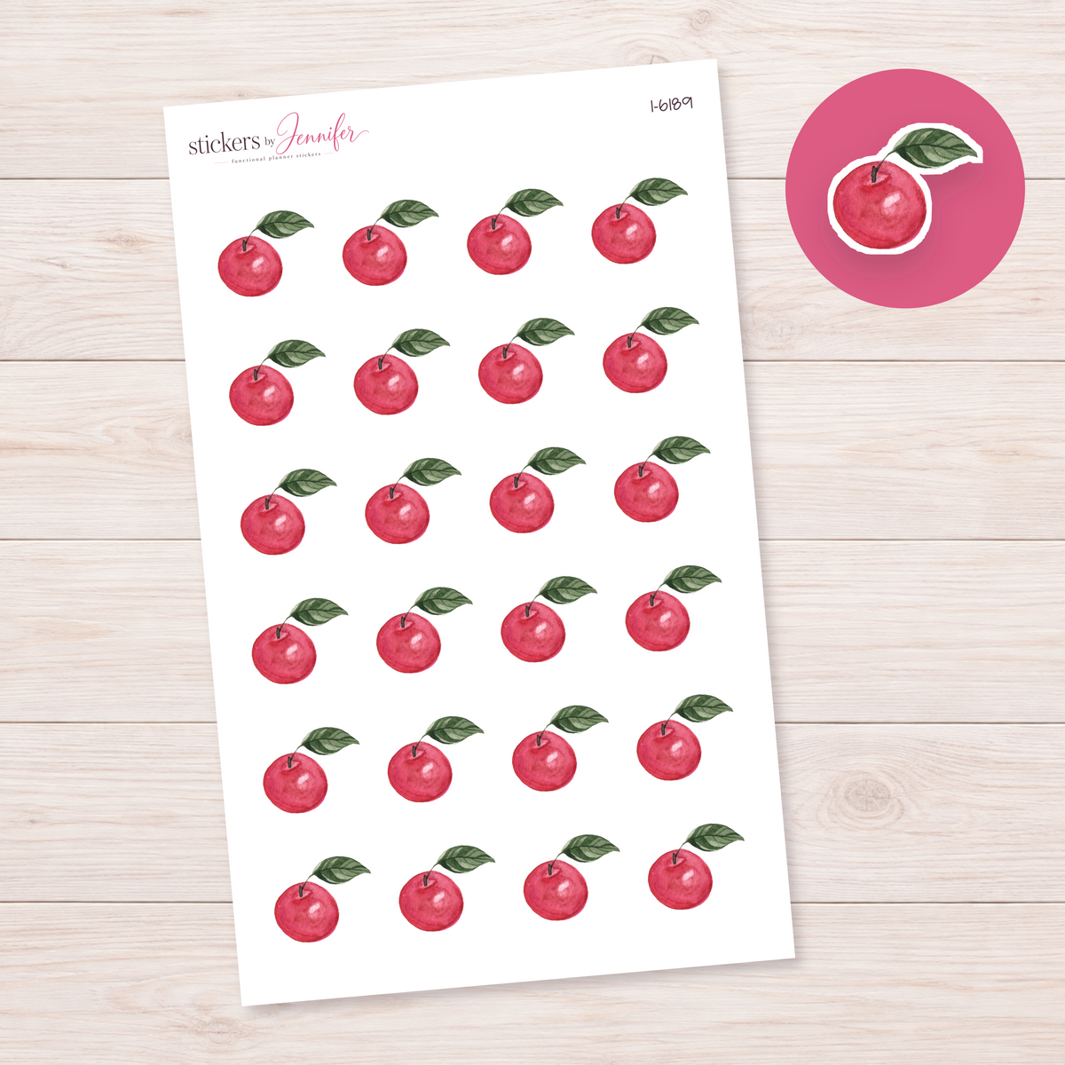 Red Apple with Green Leaf Planner Stickers | I-6189