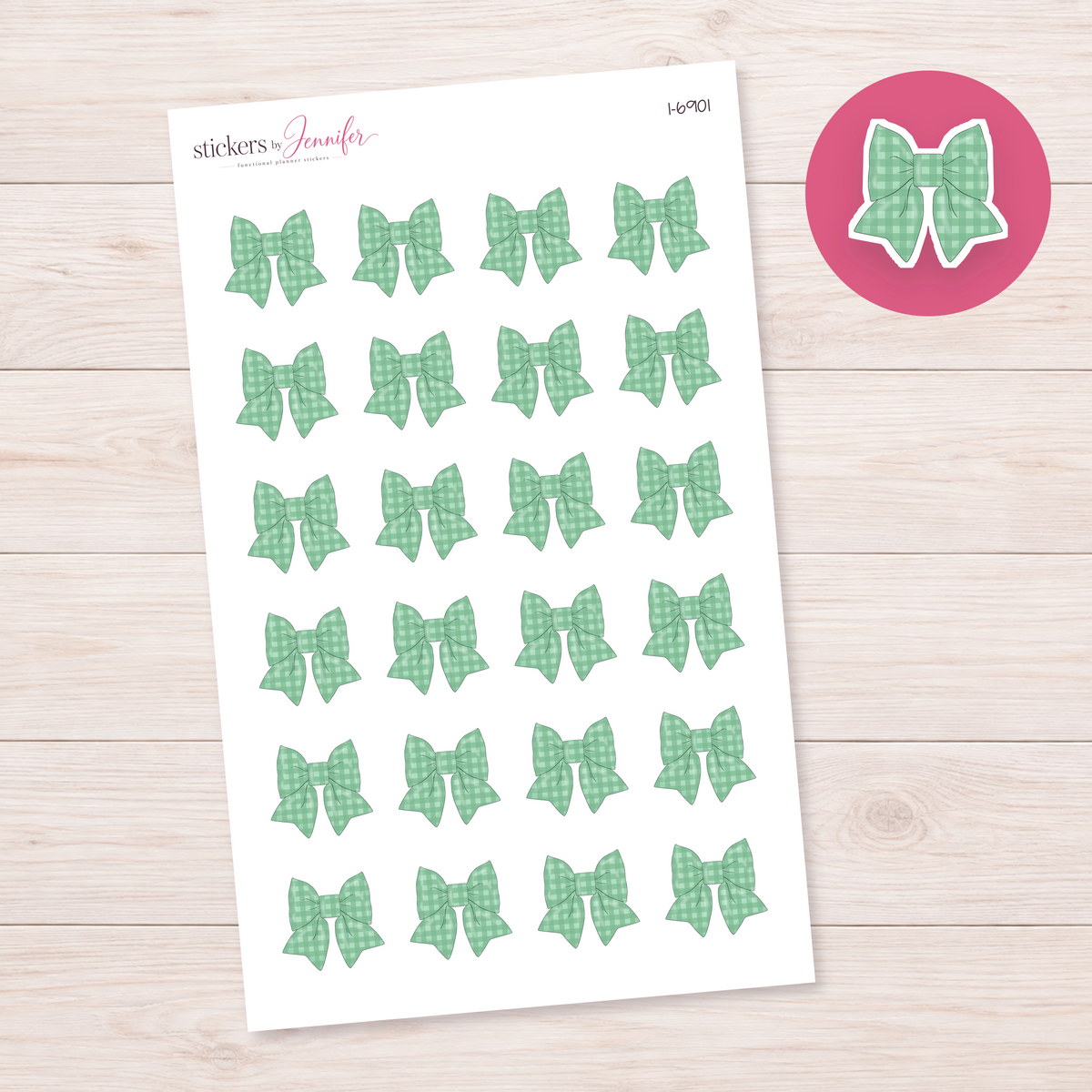 Green Gingham Bow Planner Stickers | I-6901