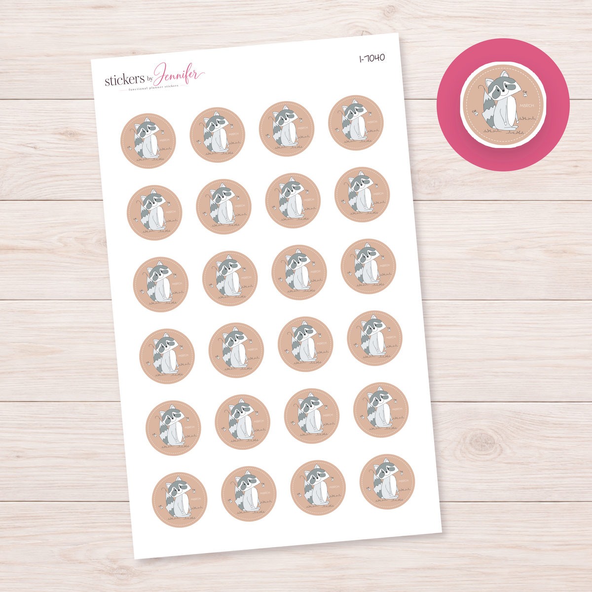 March Raccoon Circle Planner Stickers | I-7040