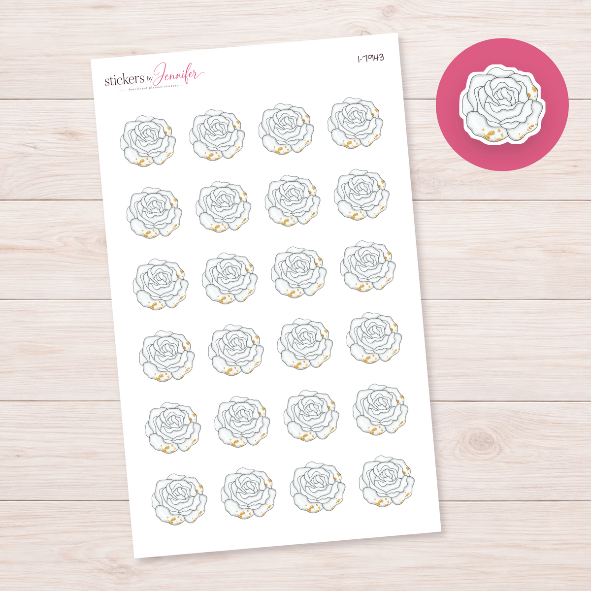 White Rose with Gold Detail Planner Stickers | I-7943