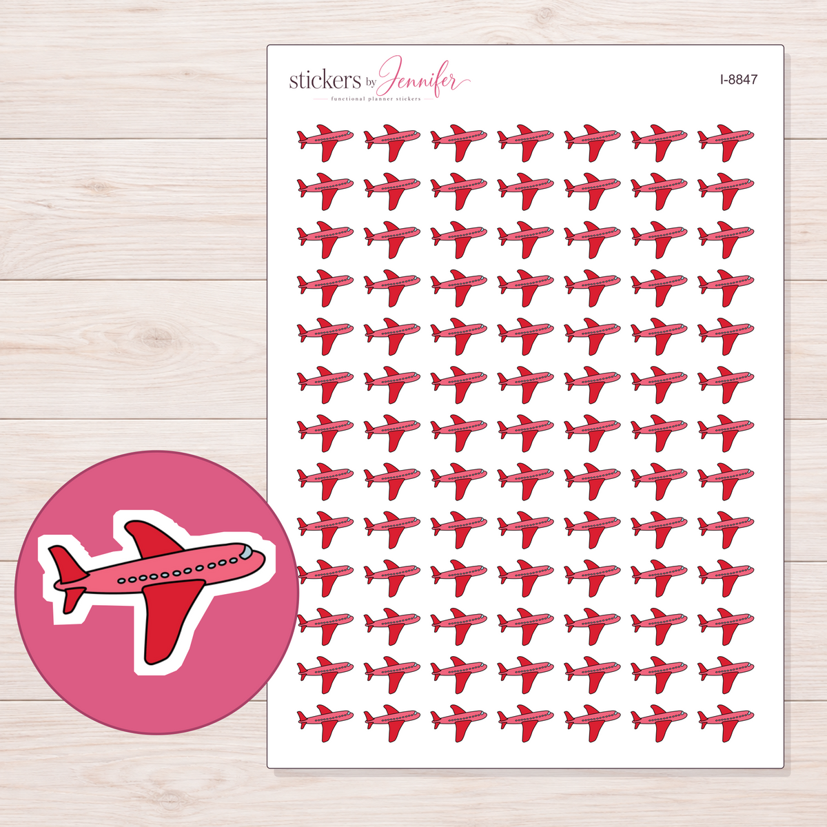 Pink and red airplane planner stickers — 91 stickers on a 5 × 7-inch sheet