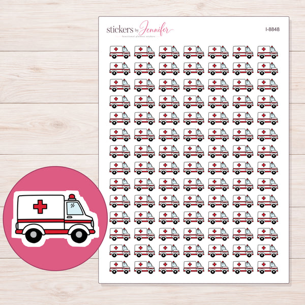 Ambulance Planner Stickers | I-8848 — 5 × 7 inch sheet and enlarged sticker detail