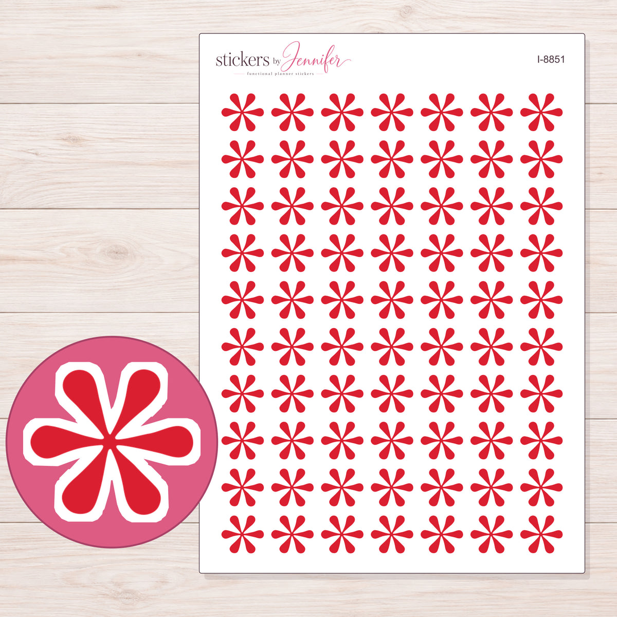 Asterisk Planner Stickers | I-8851 — 5 × 7 inch sheet and enlarged sticker detail