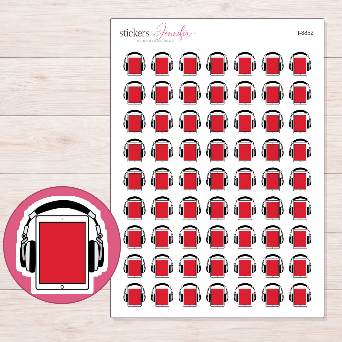 Audiobook Planner Stickers | I-8852 — 5 × 7 inch sheet and enlarged sticker detail