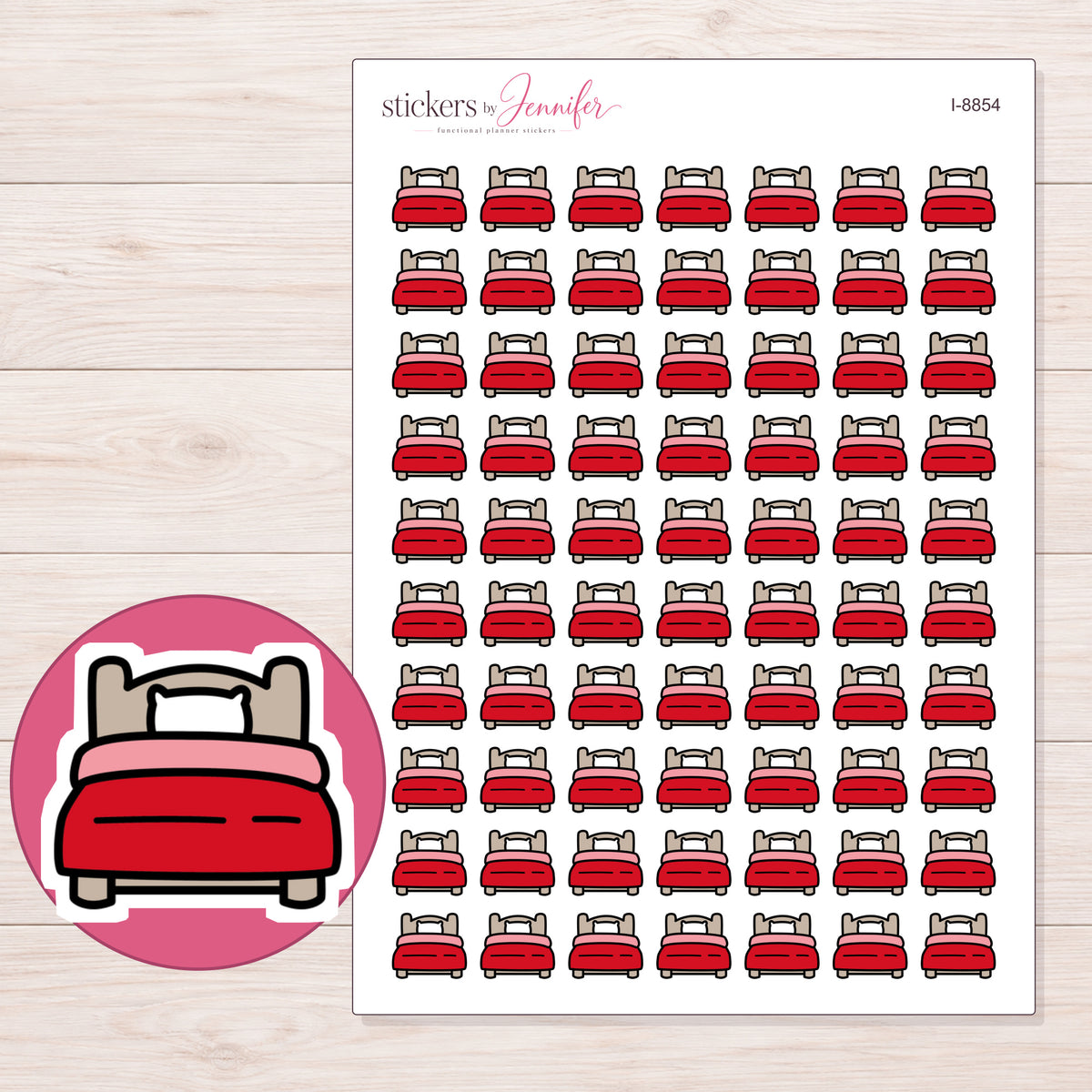 Bed Planner Stickers | I-8854 — 5 × 7 inch sheet and enlarged sticker detail