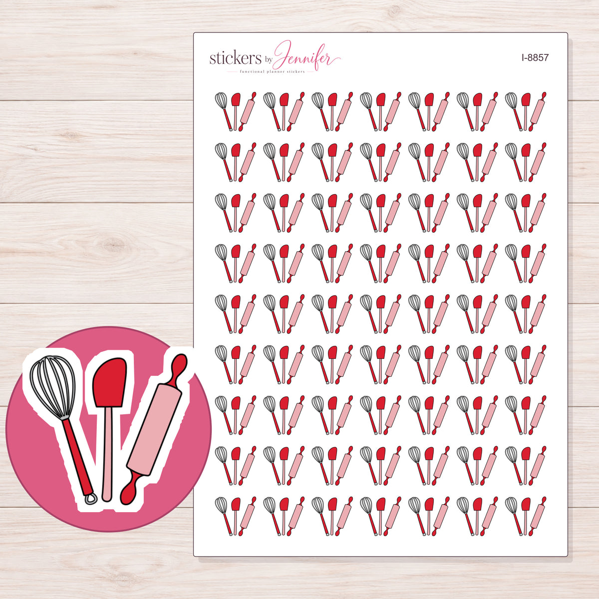 Baking Day Planner Stickers | I-8857 — 5 × 7 inch sheet and enlarged sticker detail