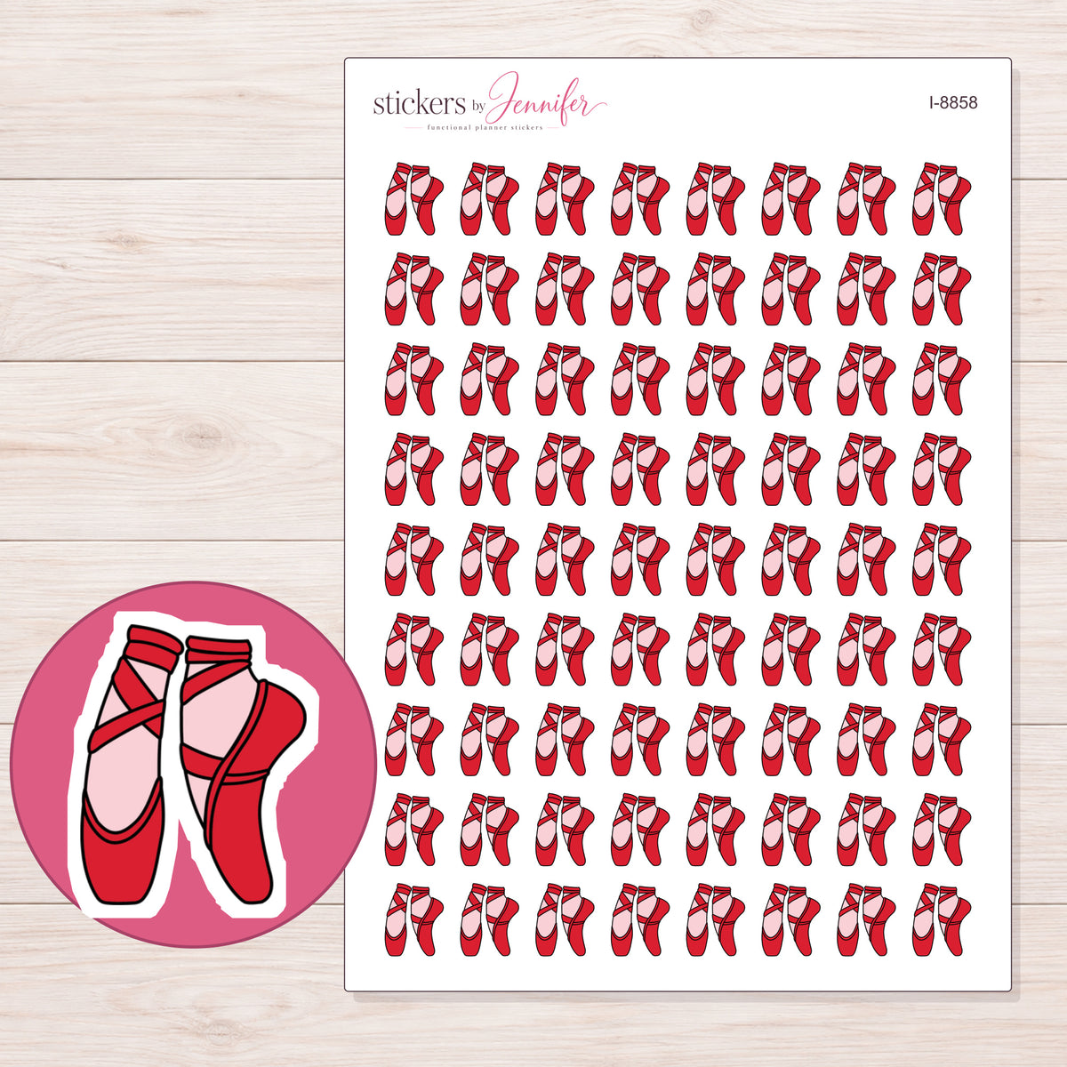 Ballet Shoes Planner Stickers | I-8858 — 5 × 7 inch sheet and enlarged sticker detail