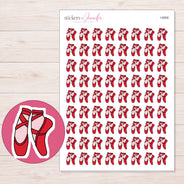 Ballet Shoes Planner Stickers | I-8858 — 5 × 7 inch sheet and enlarged sticker detail