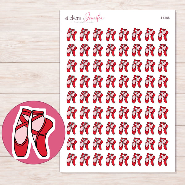Ballet Shoes Planner Stickers | I-8858 — 5 × 7 inch sheet and enlarged sticker detail