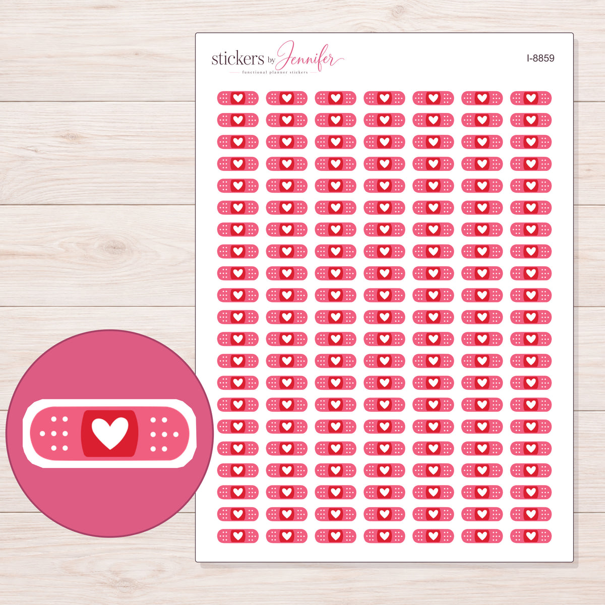 Pink Heart Bandage Planner Stickers | I-8859 — 5 × 7 inch sheet and enlarged sticker detail