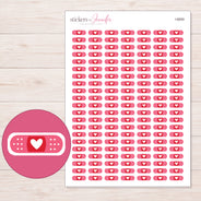 Pink Heart Bandage Planner Stickers | I-8859 — 5 × 7 inch sheet and enlarged sticker detail