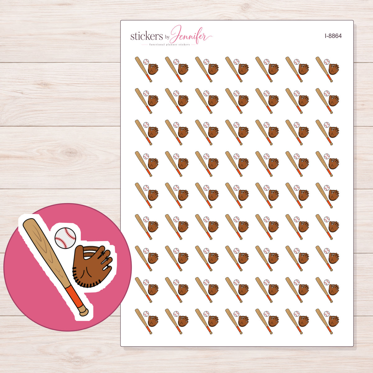 Baseball Bat, Ball & Glove Planner Stickers | I-8864 — 5 × 7 inch sheet and enlarged sticker detail