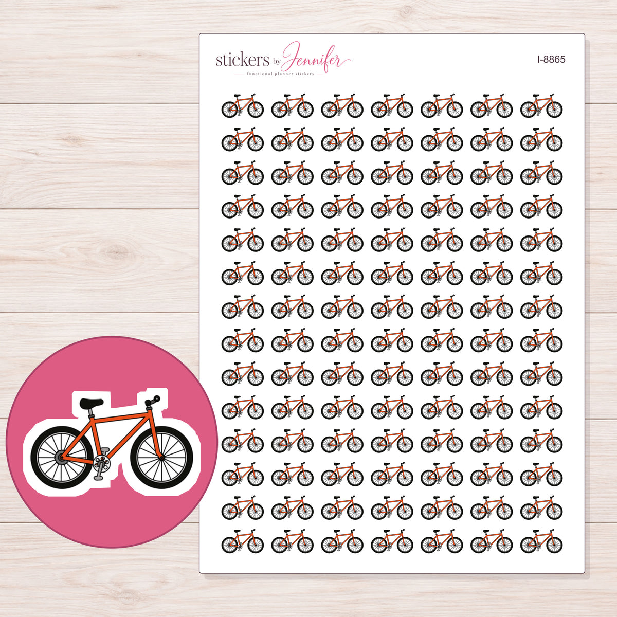 Bicycle Planner Stickers | I-8865 — 5 × 7 inch sheet and enlarged sticker detail