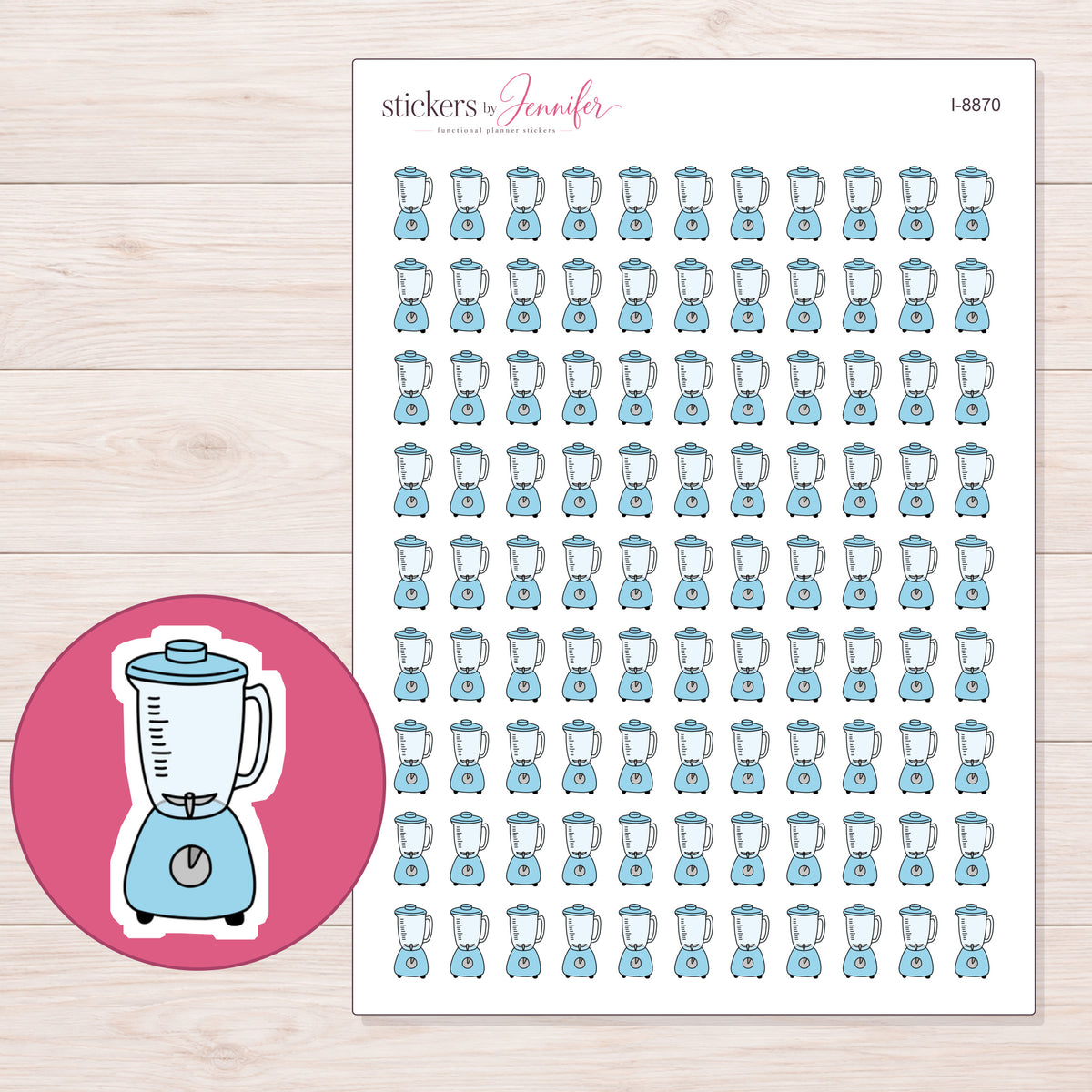 Blender Planner Stickers | I-8870 — 5 × 7 inch sheet and enlarged sticker detail