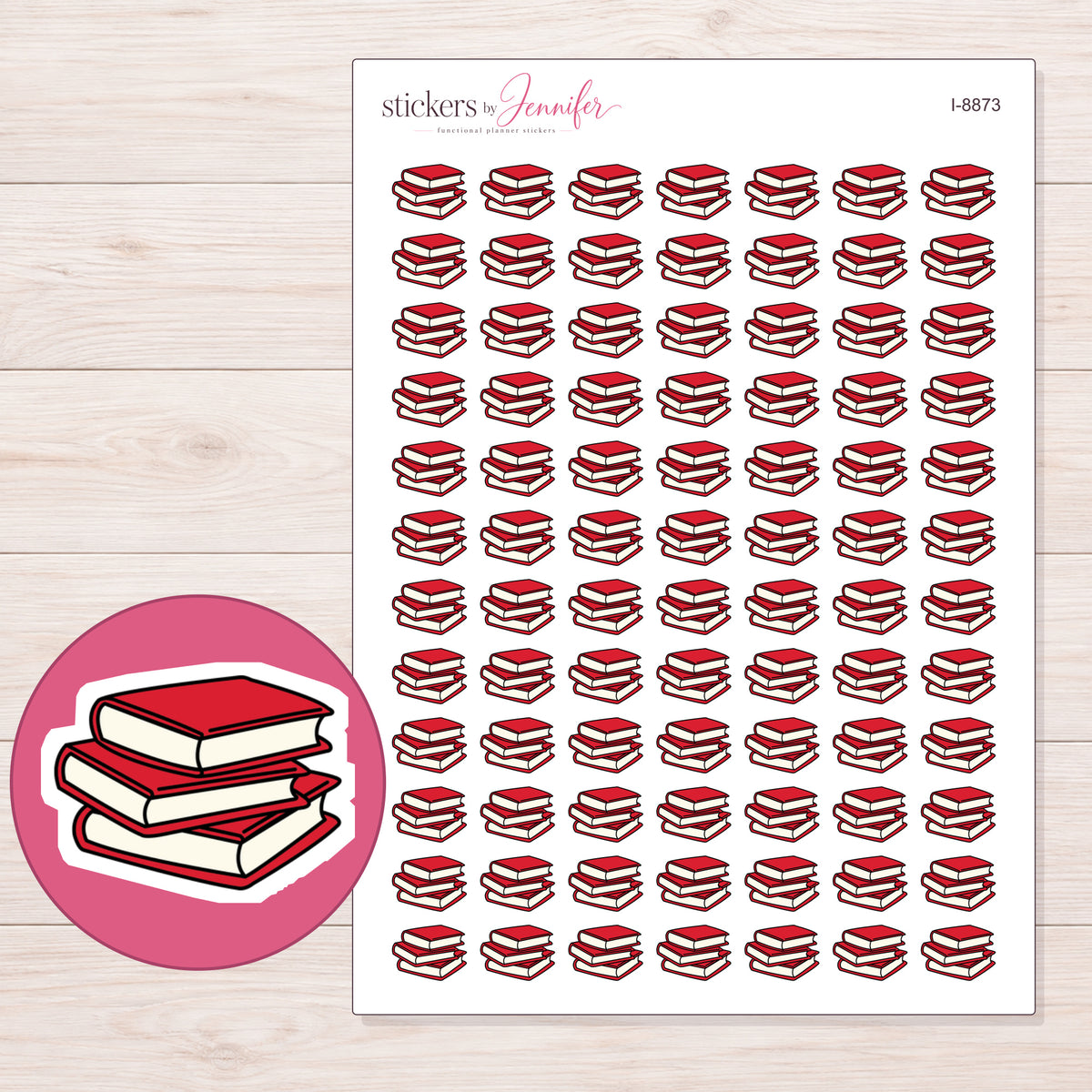 Books Planner Stickers | I-8873 — 5 × 7 inch sheet and enlarged sticker detail