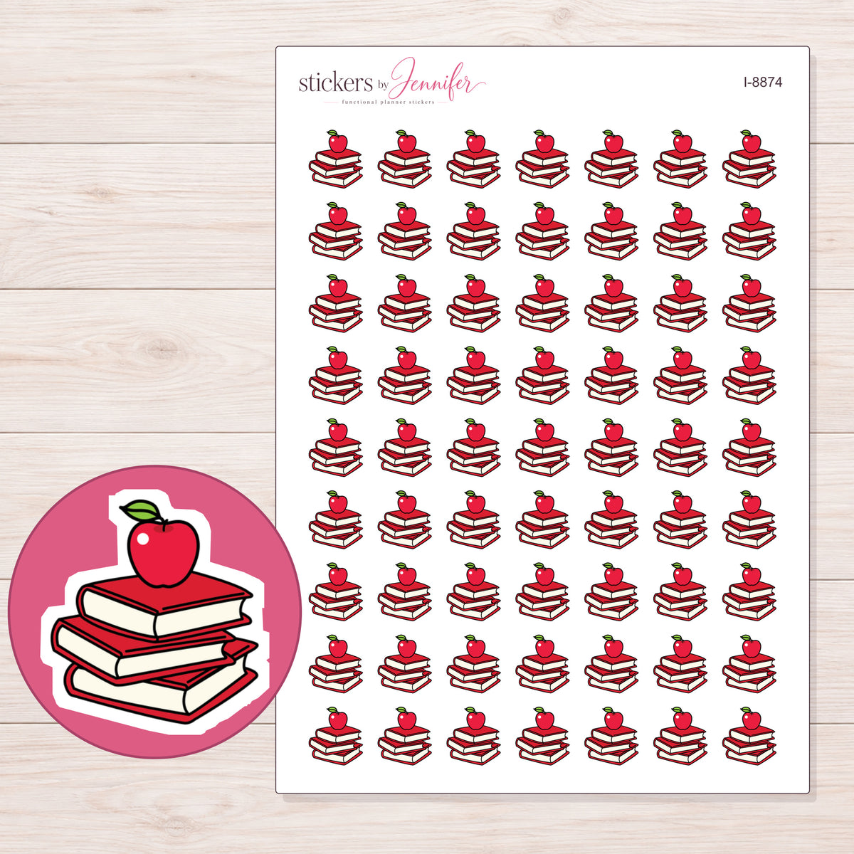 Books & Apple Planner Stickers | I-8874 — 5 × 7 inch sheet and enlarged sticker detail