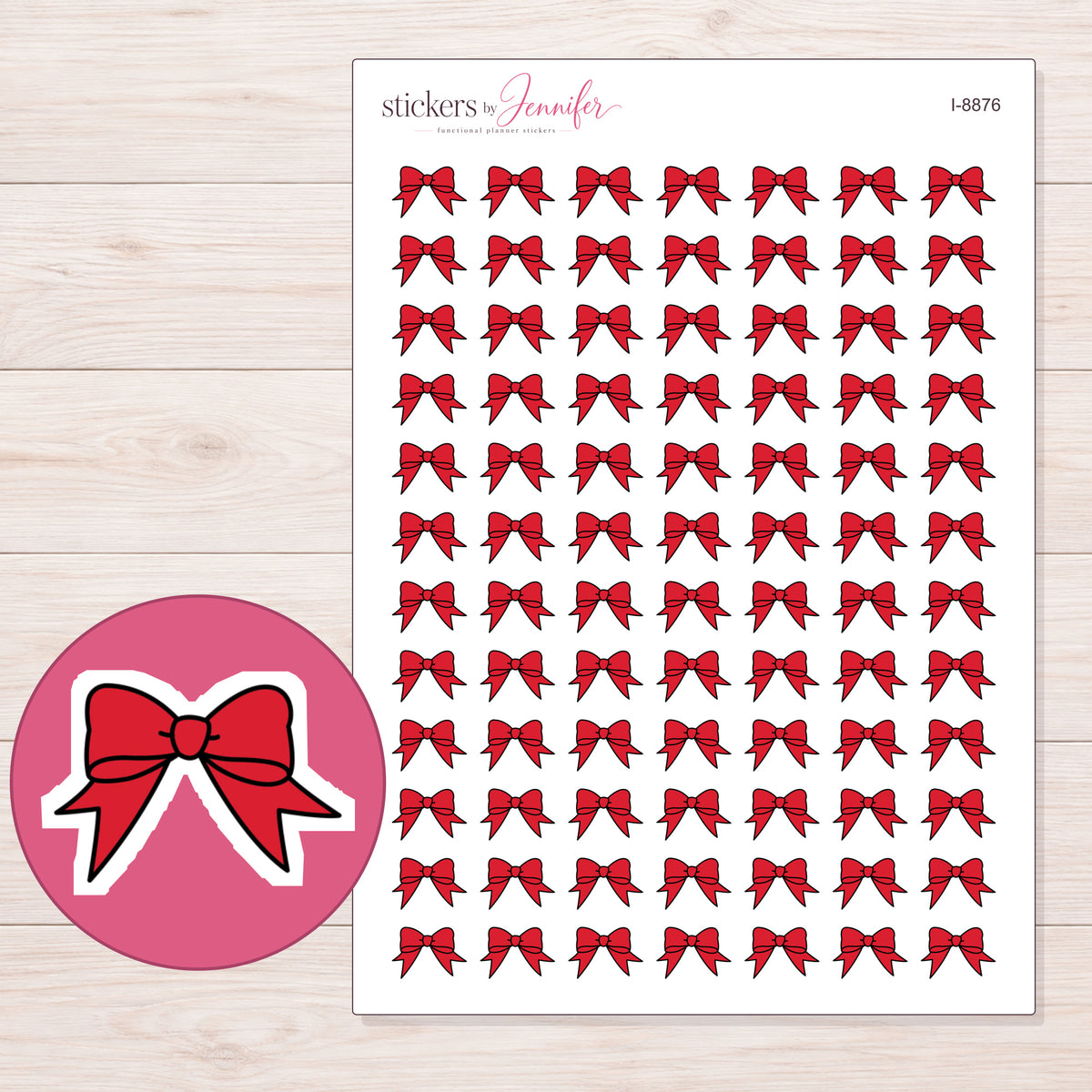 Red Ribbon Bow Planner Stickers | I-8876 — 5 × 7 inch sheet and enlarged sticker detail