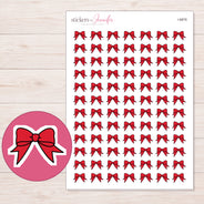 Red Ribbon Bow Planner Stickers | I-8876 — 5 × 7 inch sheet and enlarged sticker detail