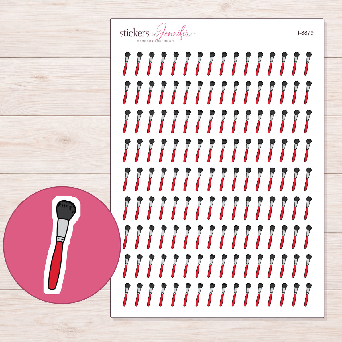 Red Makeup Brush Planner Stickers | I-8879 — 5 × 7 inch sheet and enlarged sticker detail