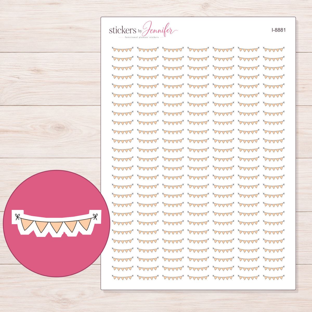 Bunting Planner Stickers | I-8881 — 5 × 7 inch sheet and enlarged sticker detail