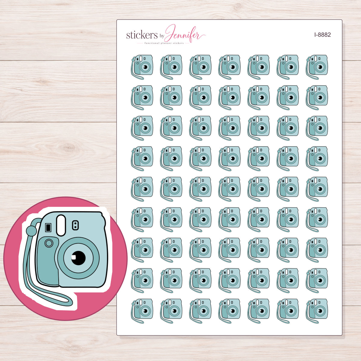 Instant Camera Planner Stickers | I-8882 — 5 × 7 inch sheet and enlarged sticker detail