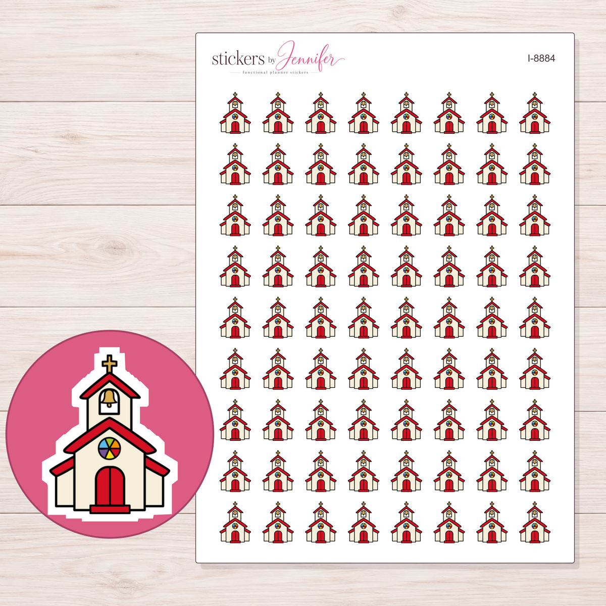 Church Planner Stickers | I-8884 — 5 × 7 inch sheet and enlarged sticker detail