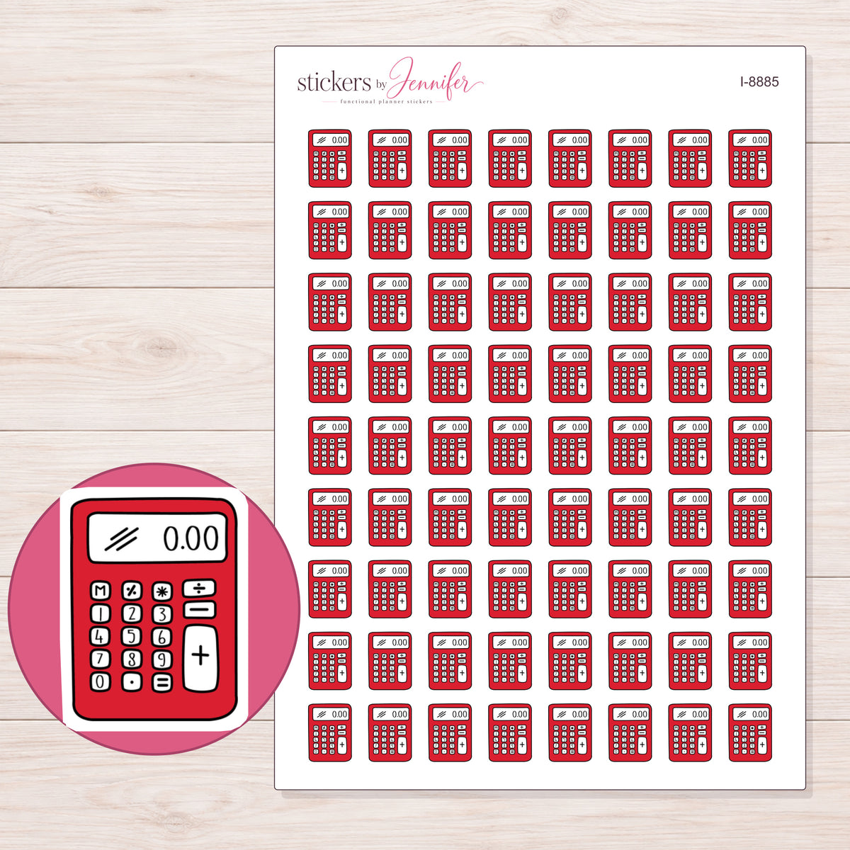 Calculator Planner Stickers | I-8885 — 5 × 7 inch sheet and enlarged sticker detail