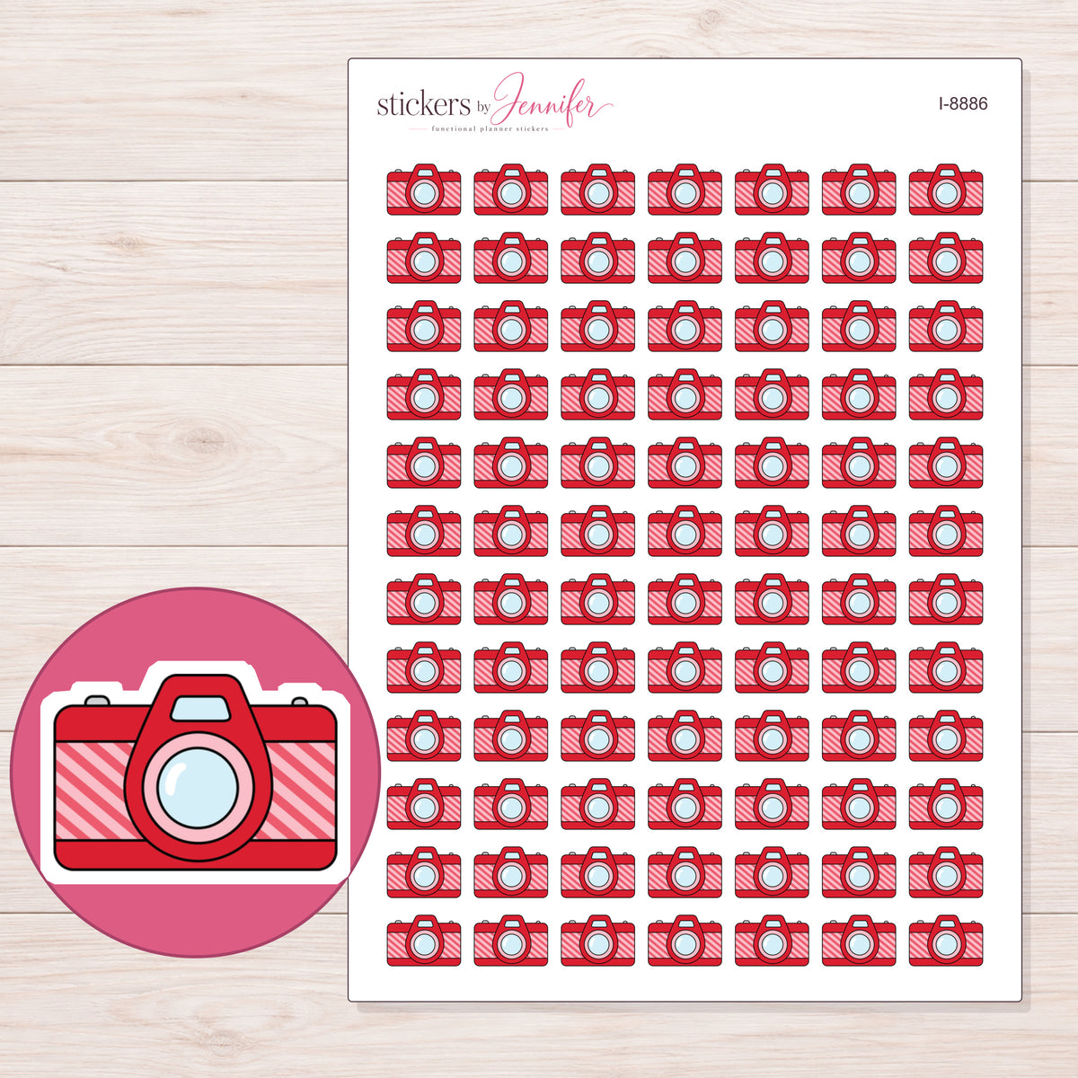 Camera Planner Stickers | I-8886 — 5 × 7 inch sheet and enlarged sticker detail